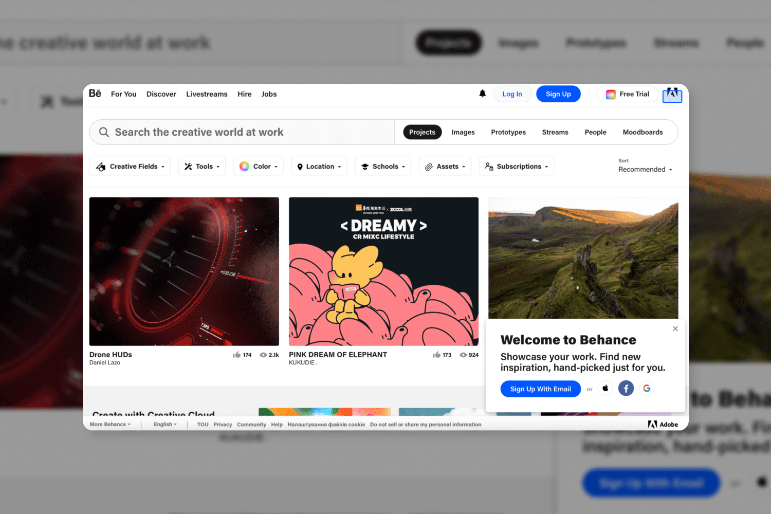 Screenshot of the main page of the Behance website.