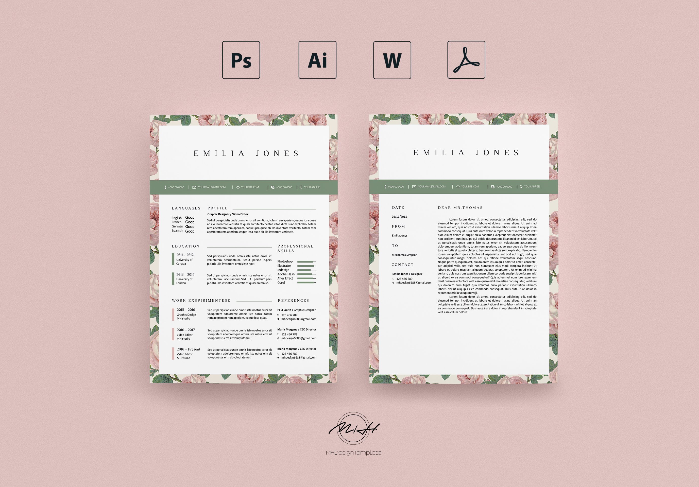 Roses Floral Resume / Card Template preview image.