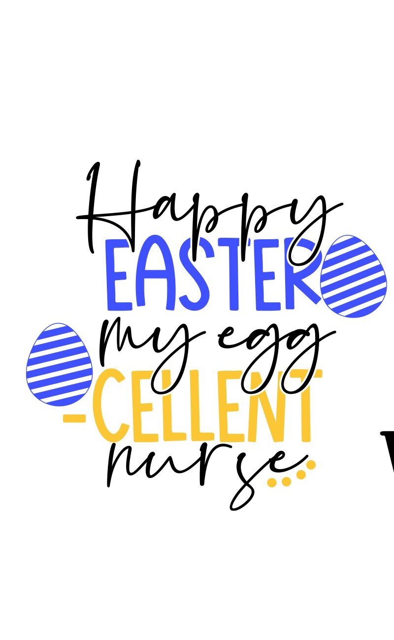 White background with a blue and yellow lettering that says happy easter.