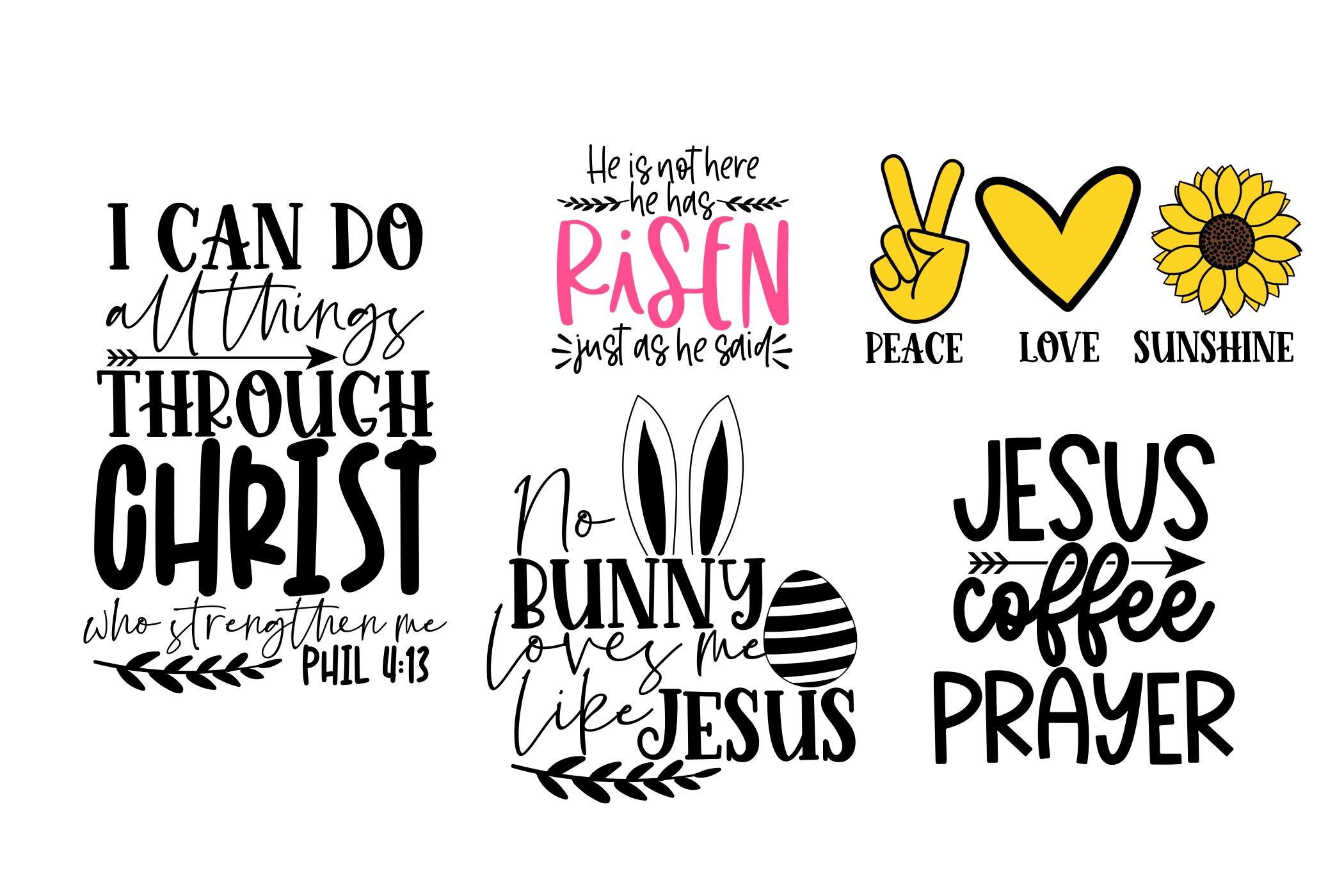 Bunch of different religious sayings on a white background.