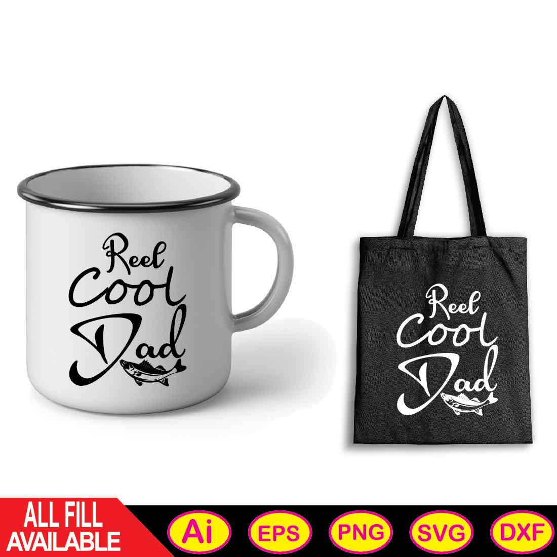 Black and white coffee mug next to a black and white bag.