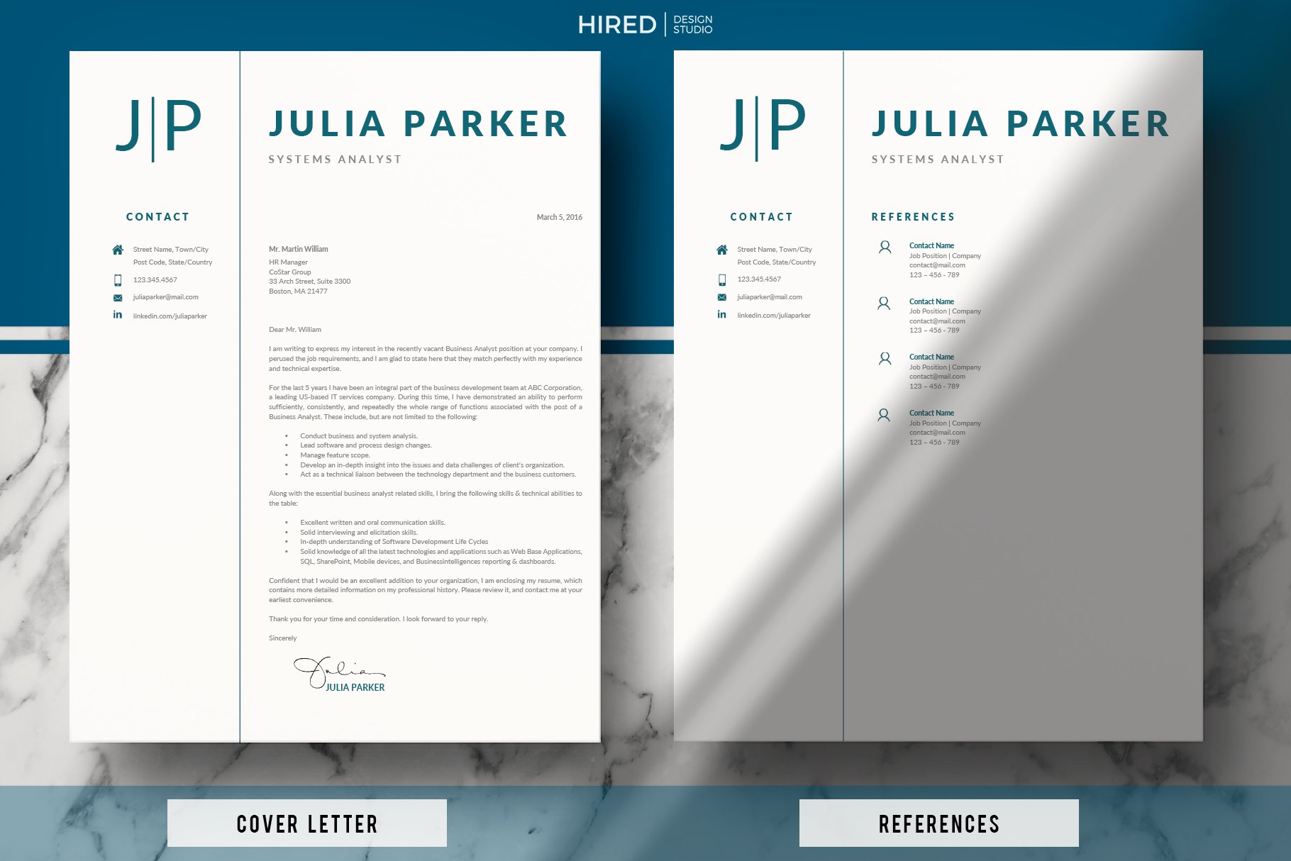 Professional resume and cover letter on a marble background.