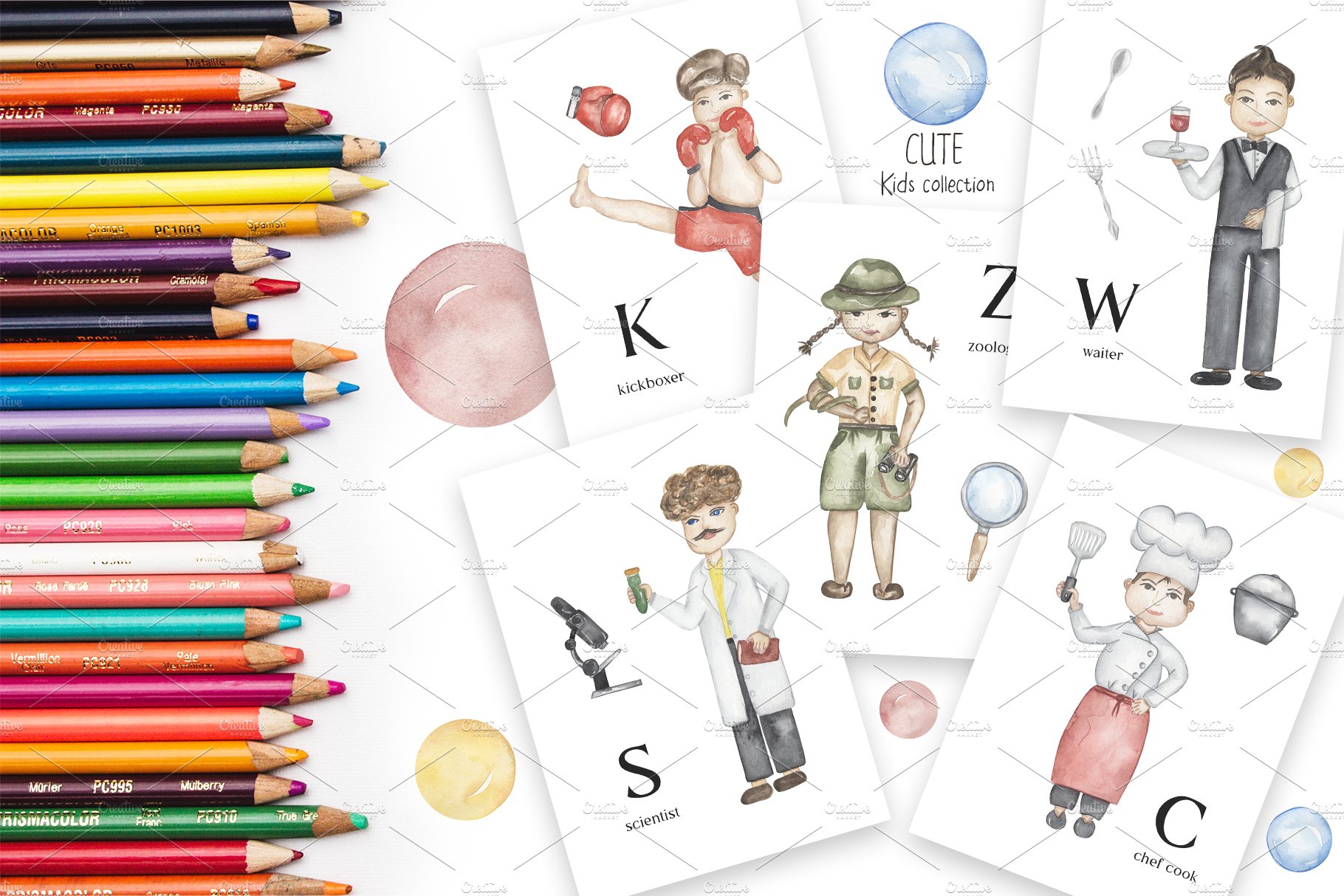 Watercolor Cute Alphabet Professions preview image.