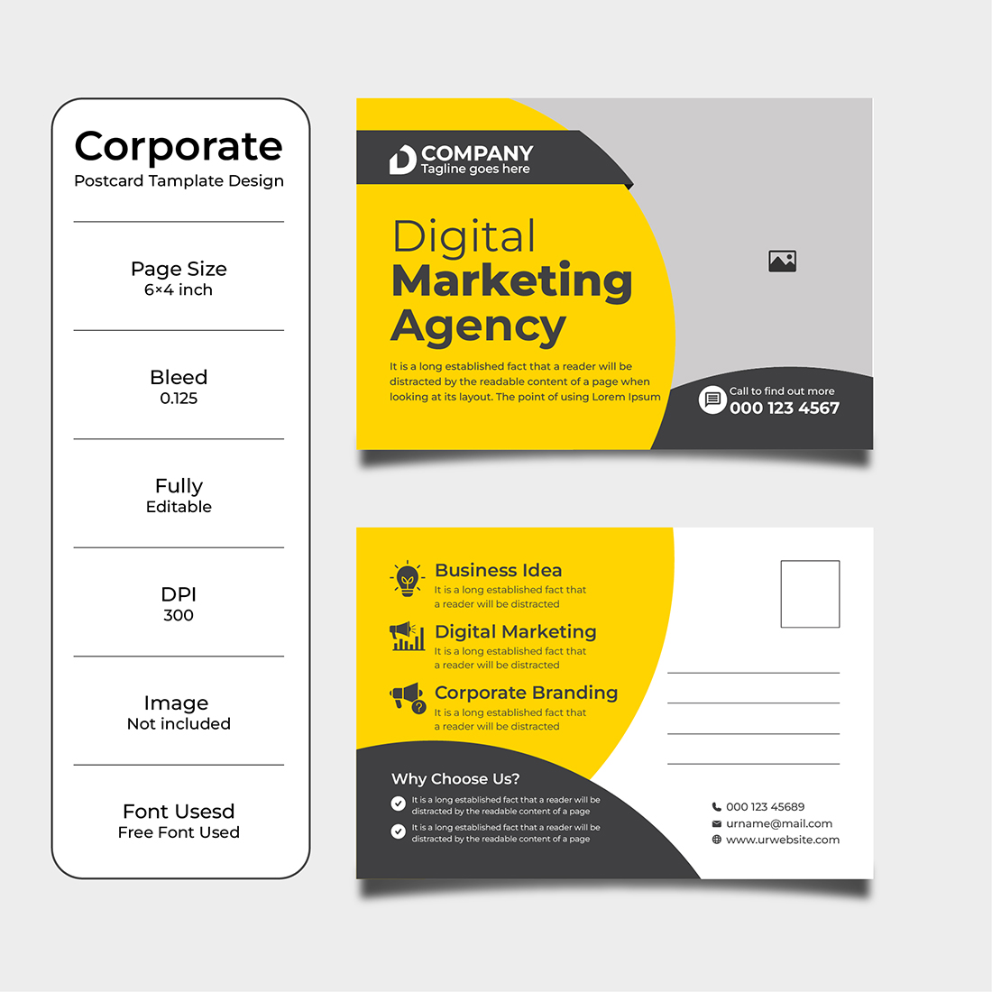 Business card with a yellow and black design.