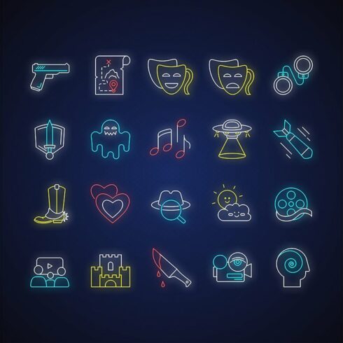 Movie genres neon light icons set cover image.