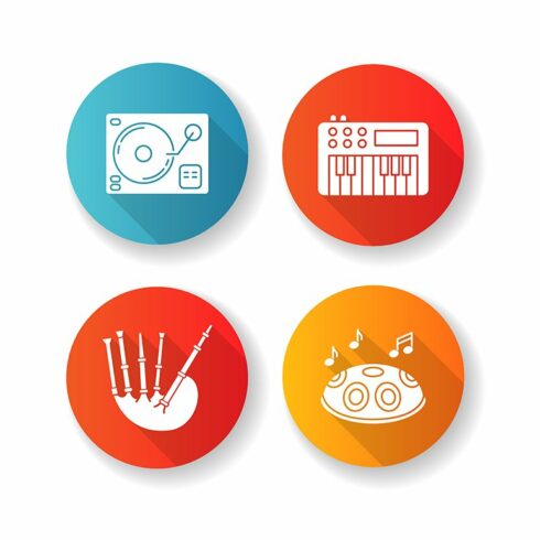 Musical instruments flat glyph icons cover image.