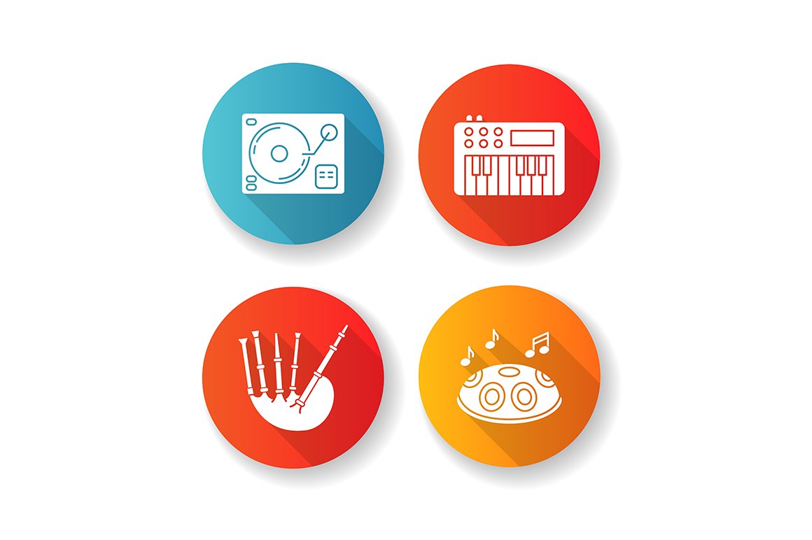 Musical instruments flat glyph icons cover image.