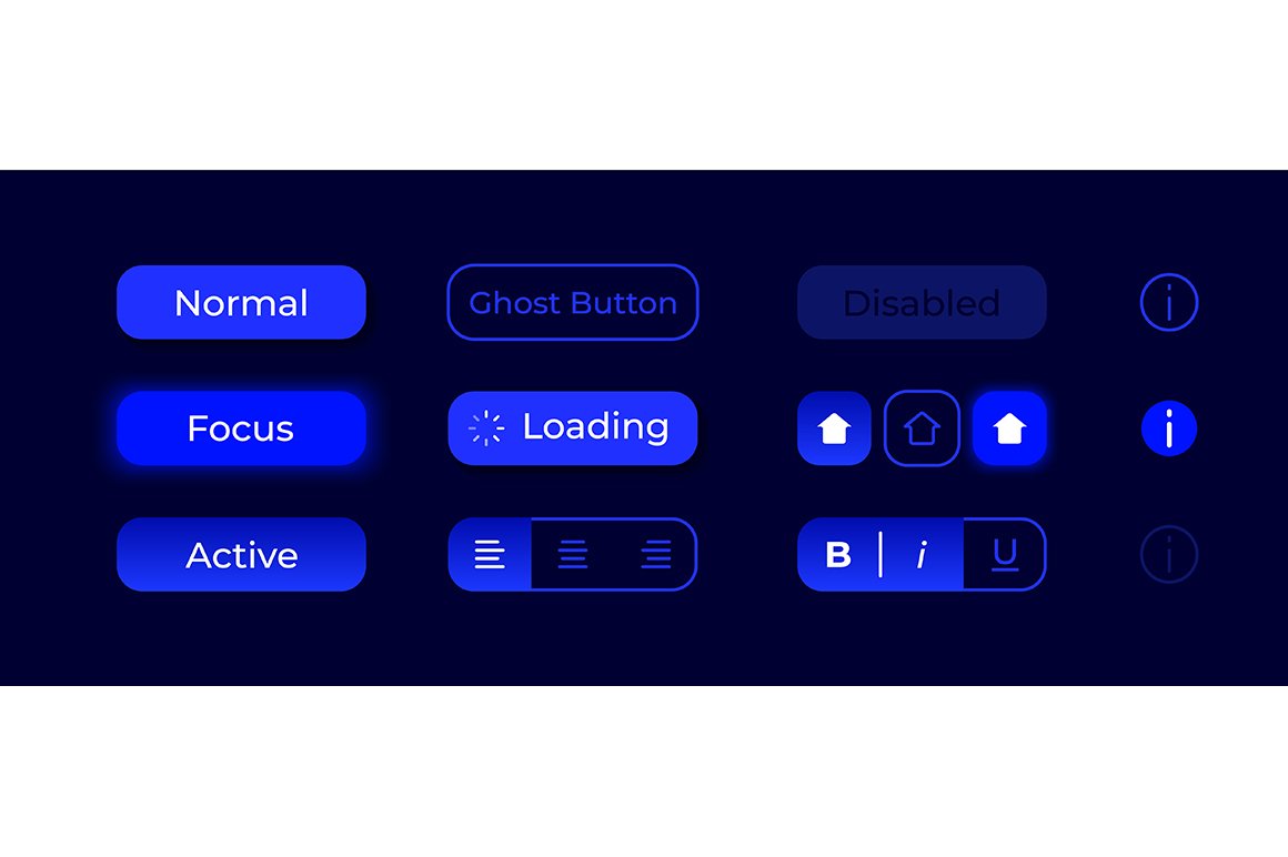 Glowing buttons UI elements kit cover image.