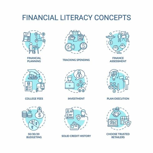Financial literacy concept icons set cover image.