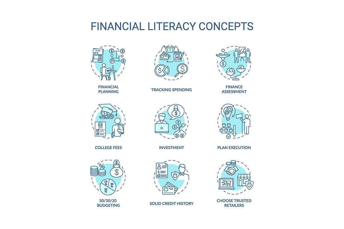 Financial literacy concept icons set cover image.