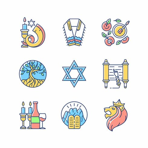 Judaism symbols RGB color icons set cover image.