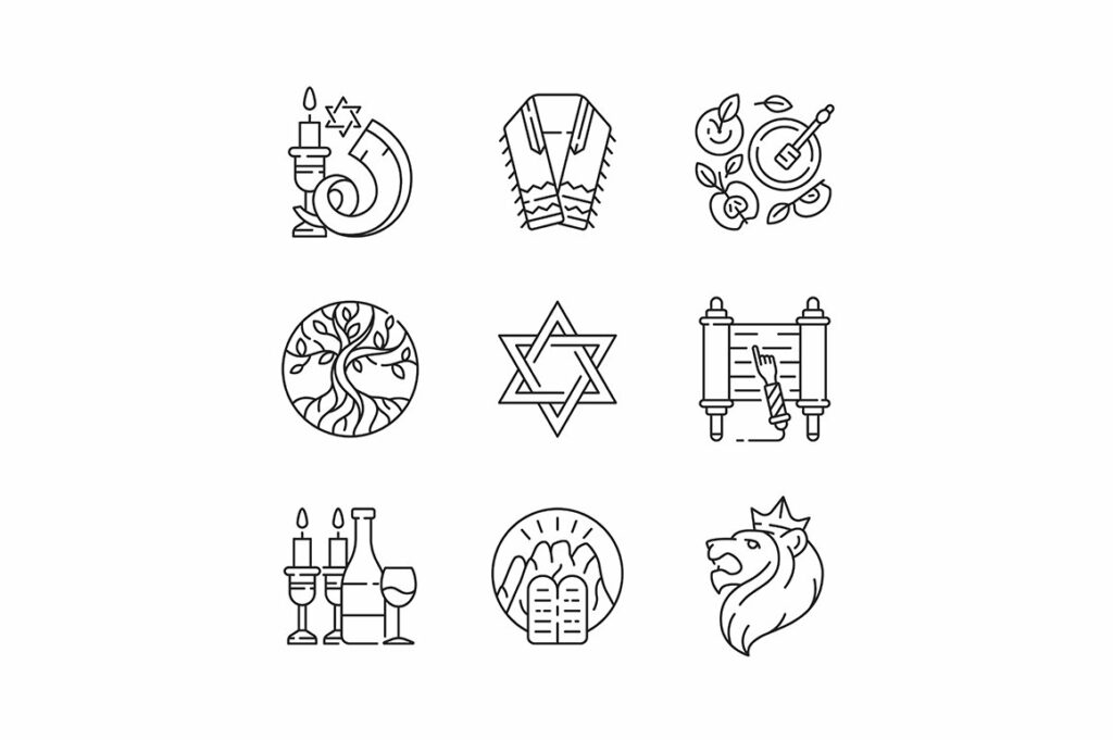 Judaism symbols linear icons set MasterBundles