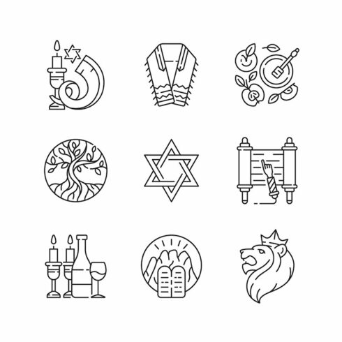 Judaism symbols linear icons set cover image.