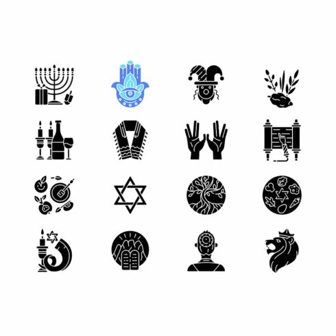 Jewish holidays black glyph icons cover image.
