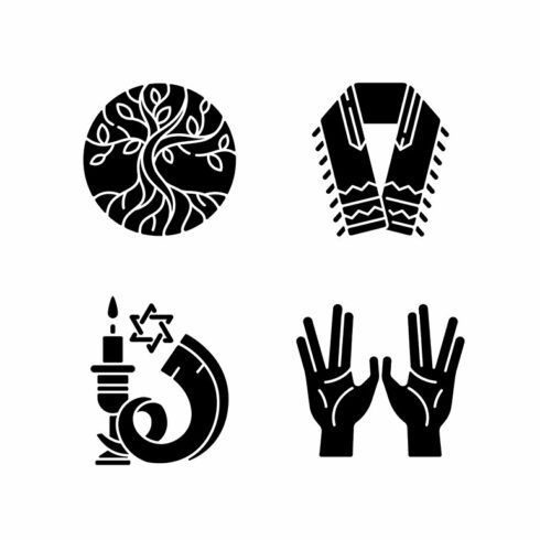 Judaism signs black glyph icons set cover image.
