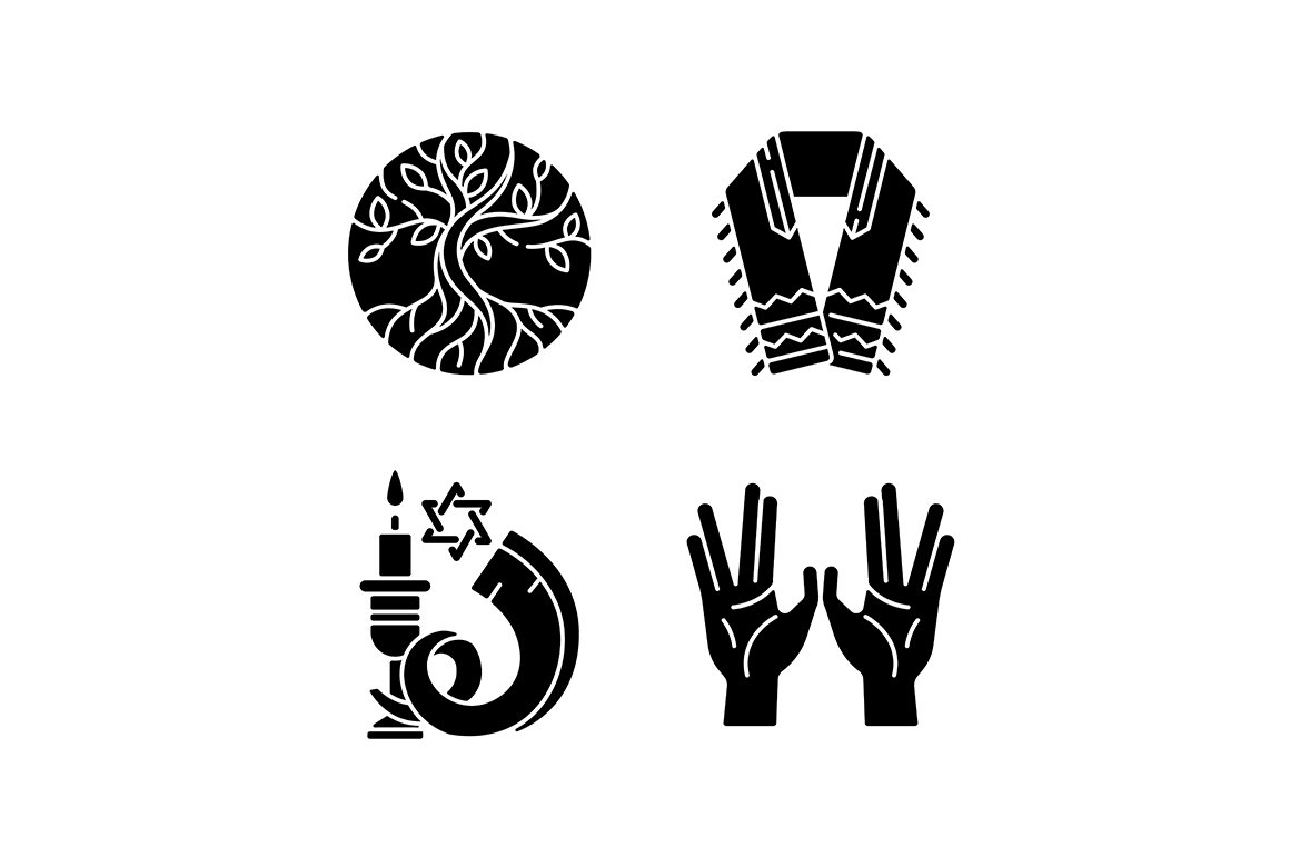 Judaism signs black glyph icons set cover image.