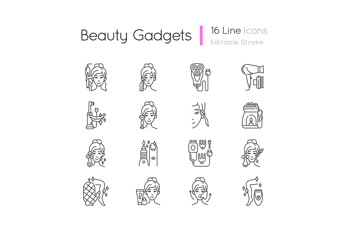 Beauty gadgets linear icons set cover image.