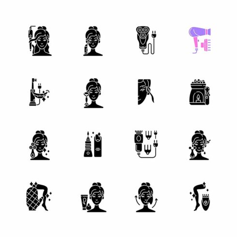 Beauty gadgets black glyph icons set cover image.