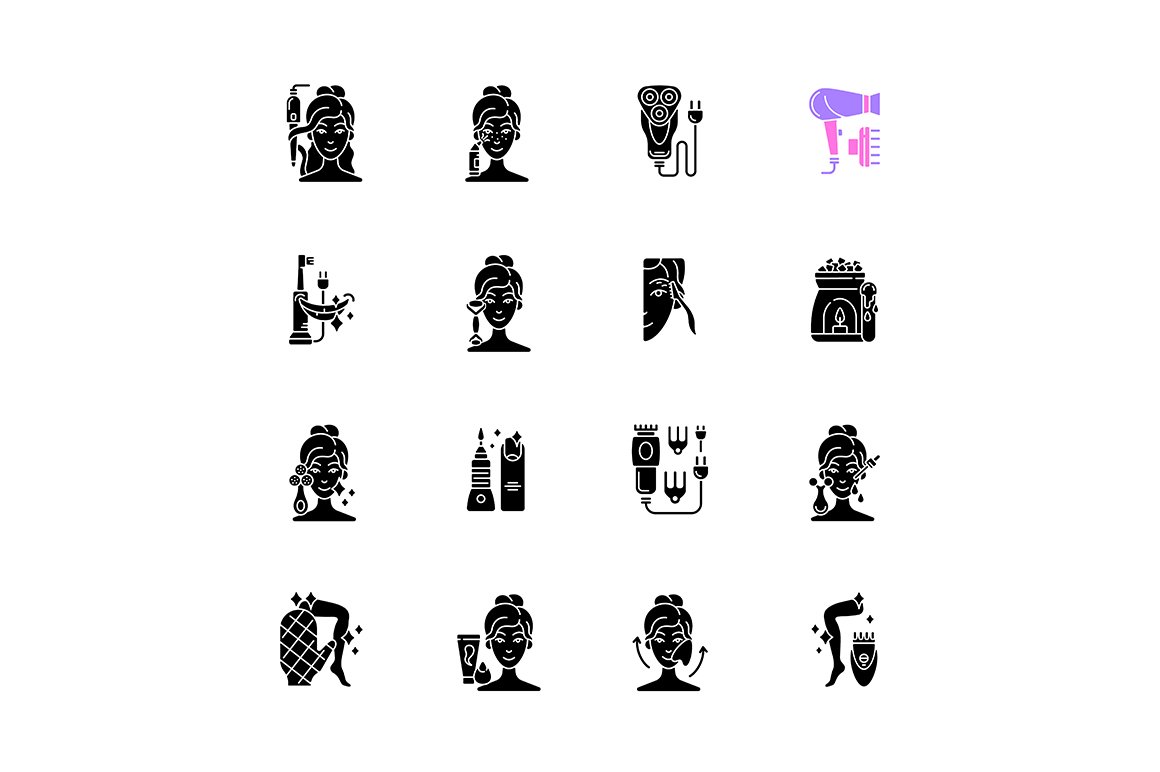 Beauty gadgets black glyph icons set cover image.