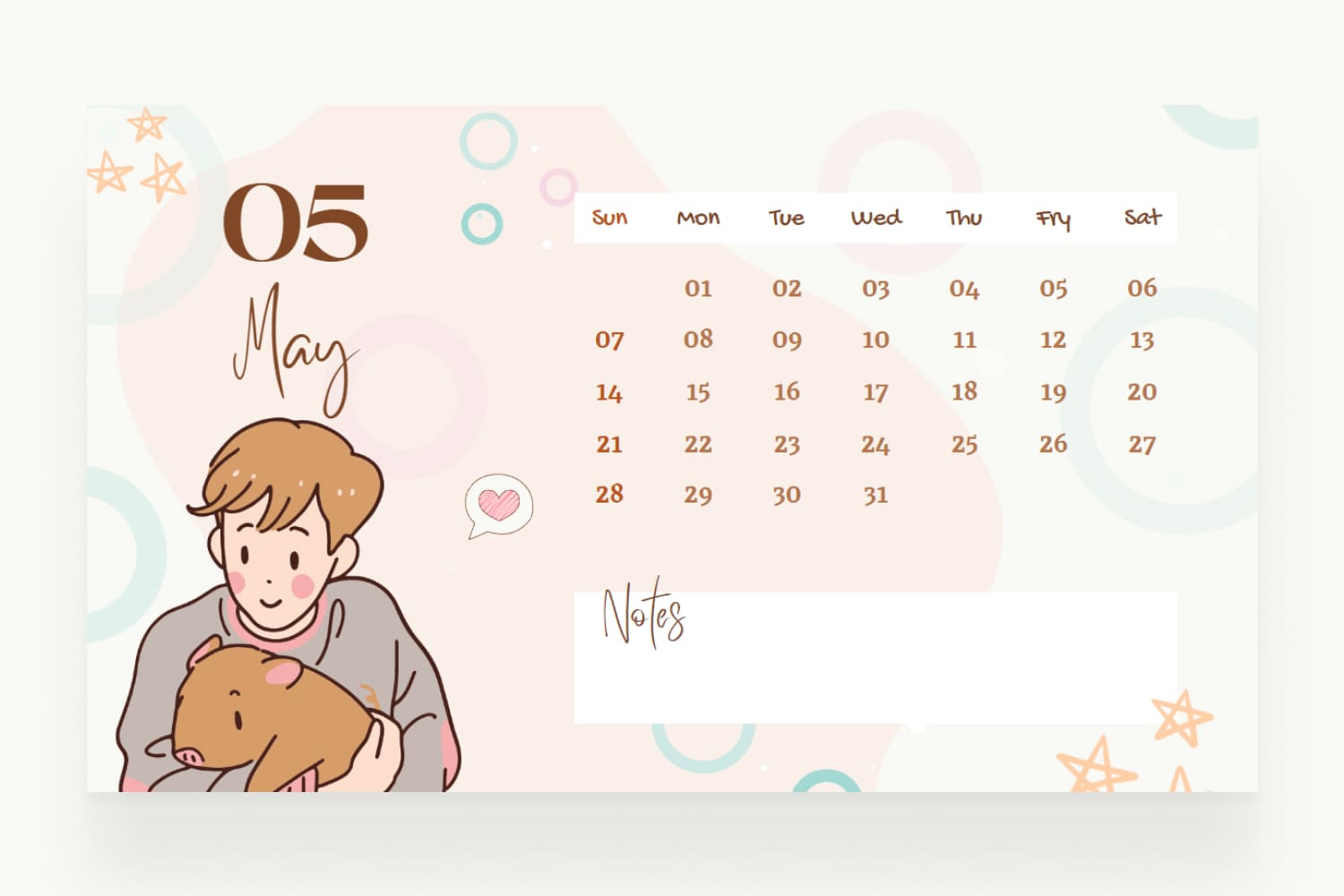 Calendar with a creamy yellow colors with cute childlike illustrations and space for notes.