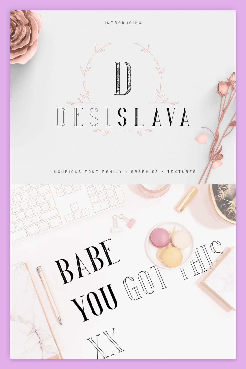 Collage with examples of the use of the Desislava Font on a beige background.