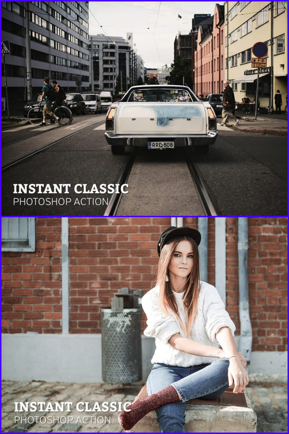 Collage of photos of a car on the street and a girl on the background of the wall.