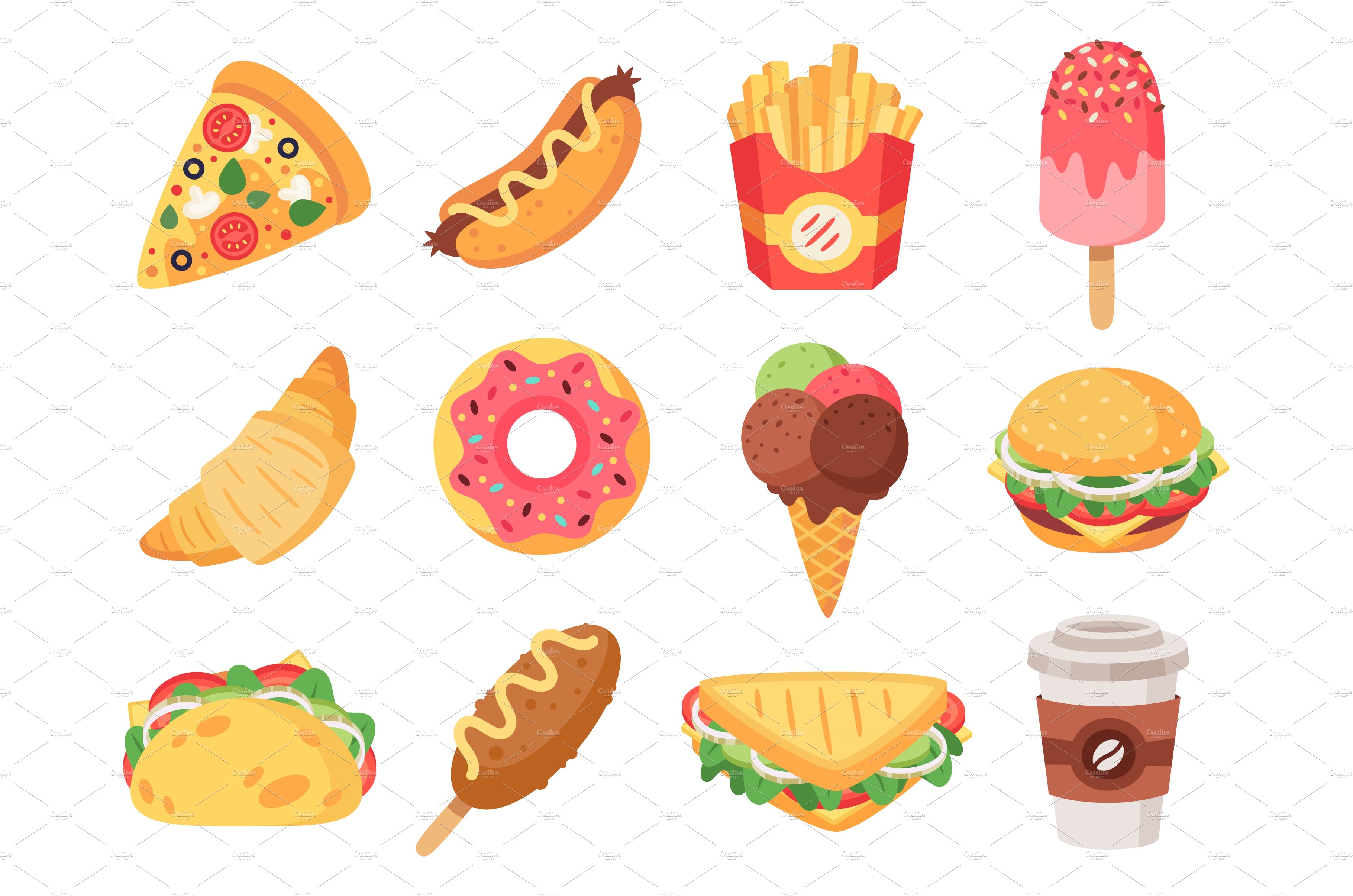 Food Doodle Food Cute Characters Clipart Pizza Burger Ice 