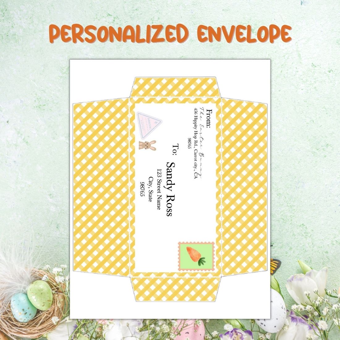 Yellow and white checkered envelope with a bird on it.