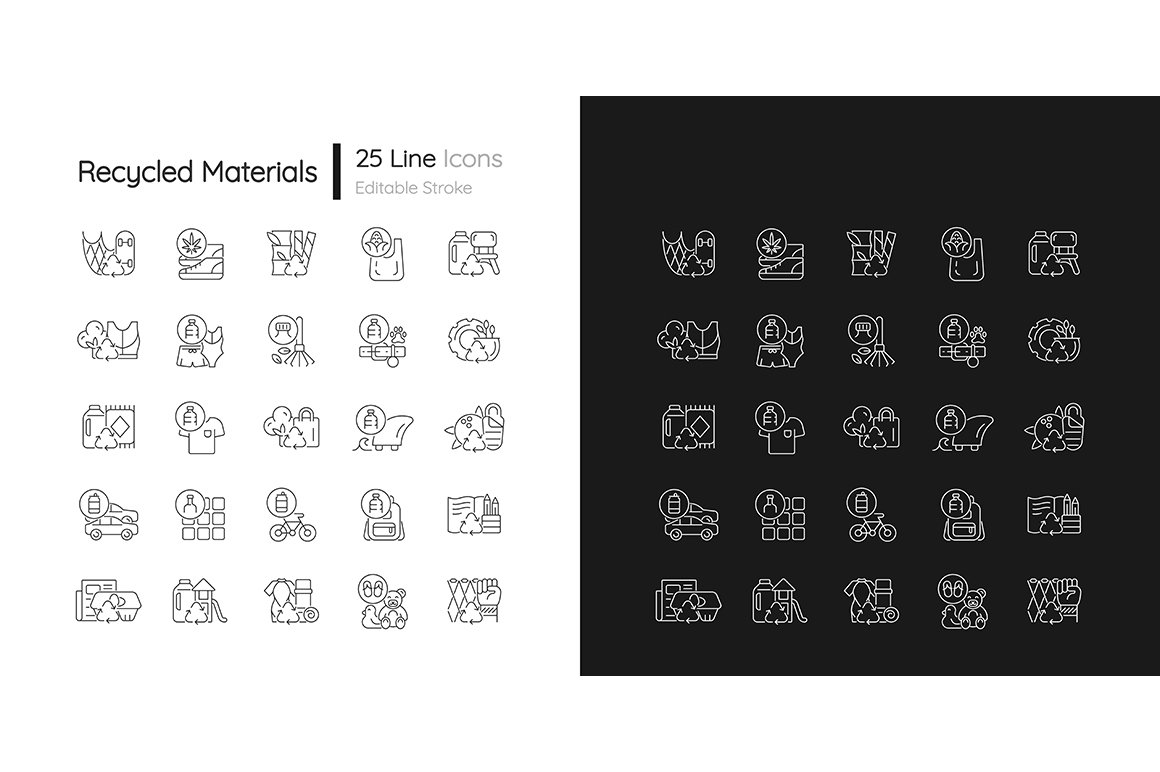 Recycled materials linear icons set cover image.