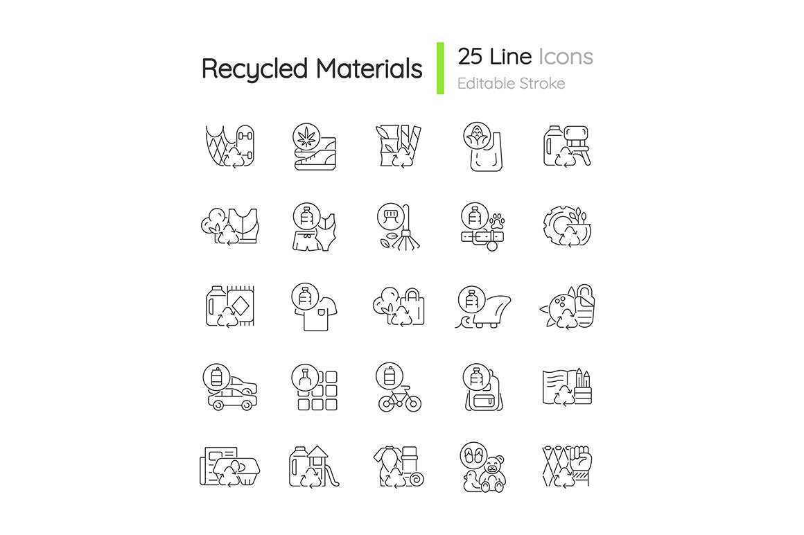 Recycled materials linear icons set cover image.