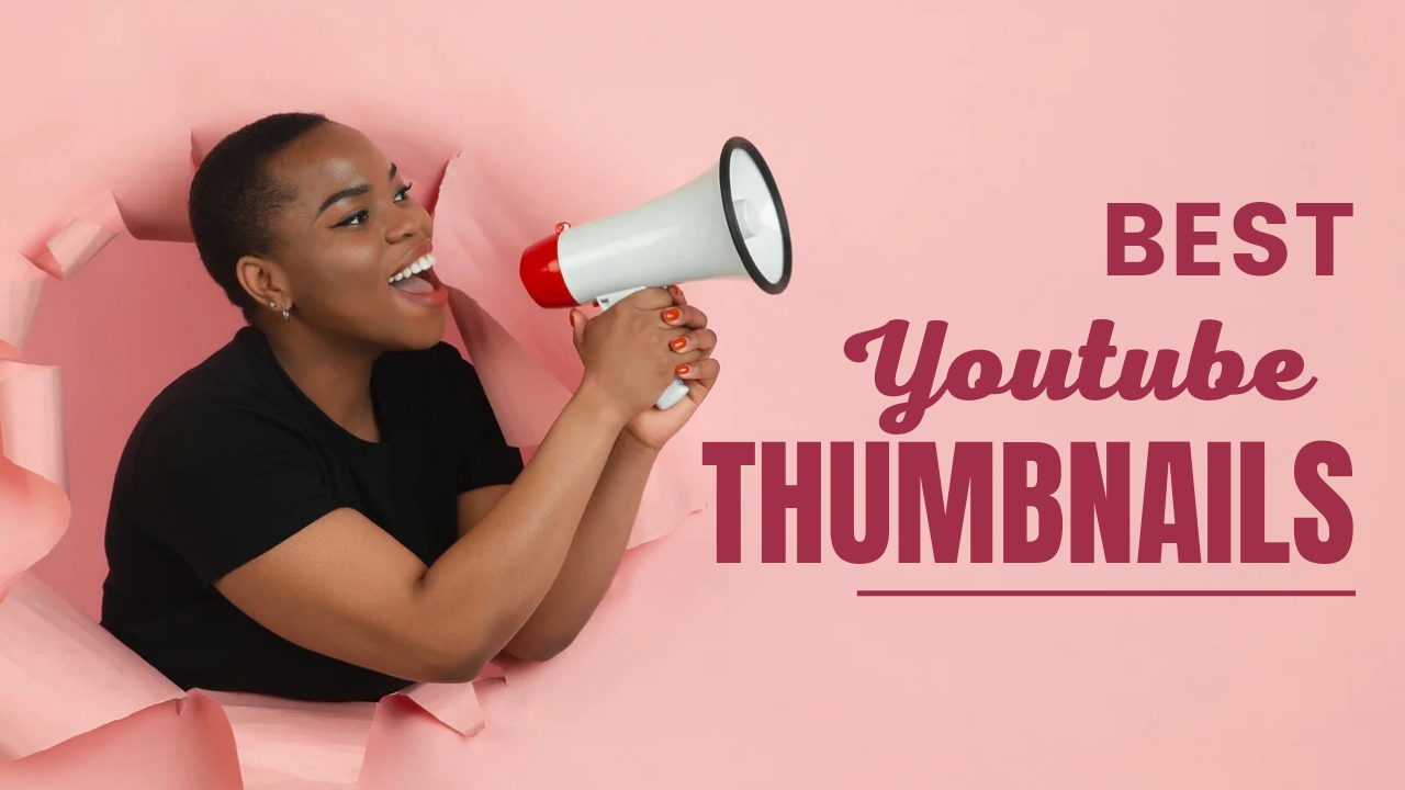 Woman holding a red and white megaphone with the words best youtube thumbnail.