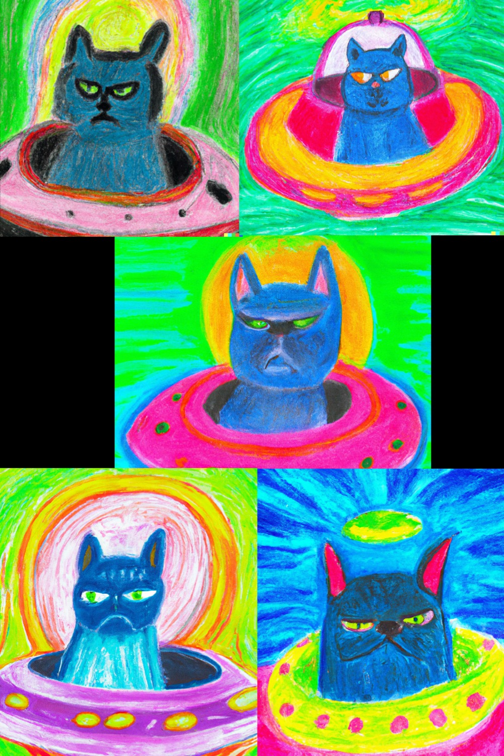 an oil pastel drawing of an annoyed cat in a spaceship pinterest preview image.