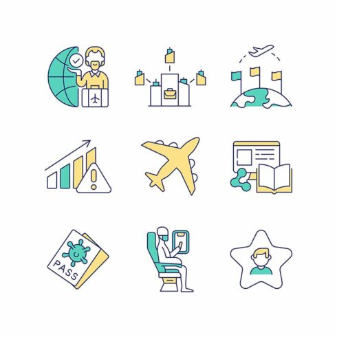 Business travel trends color icons cover image.