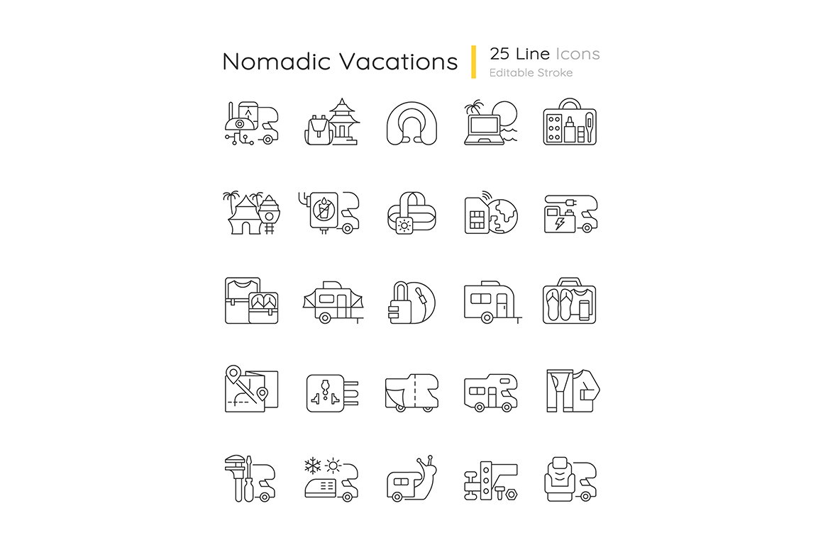 Nomadic vacations linear icons set cover image.