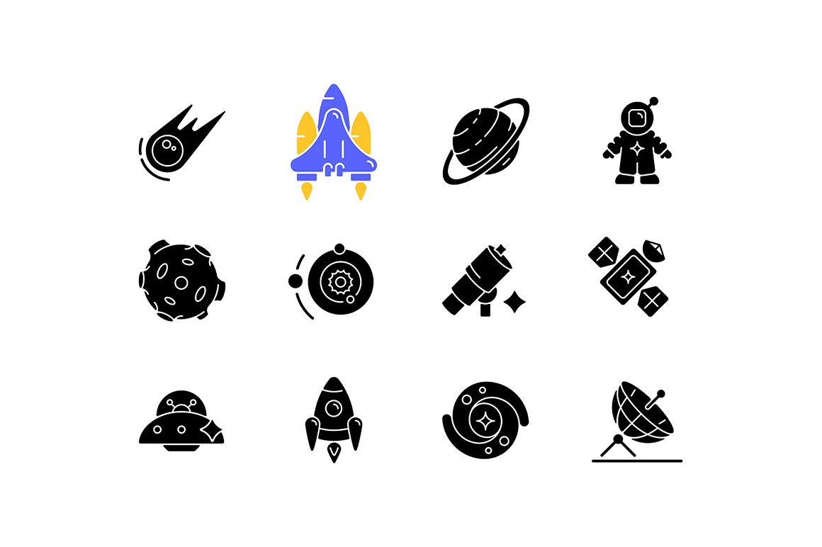 Astronautic black glyph icons set cover image.