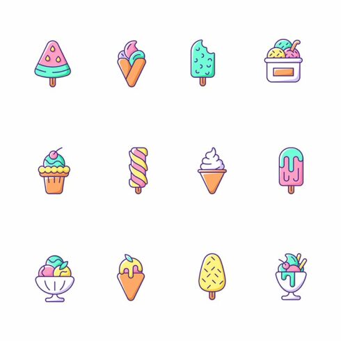 Ice cream varieties RGB color icons cover image.