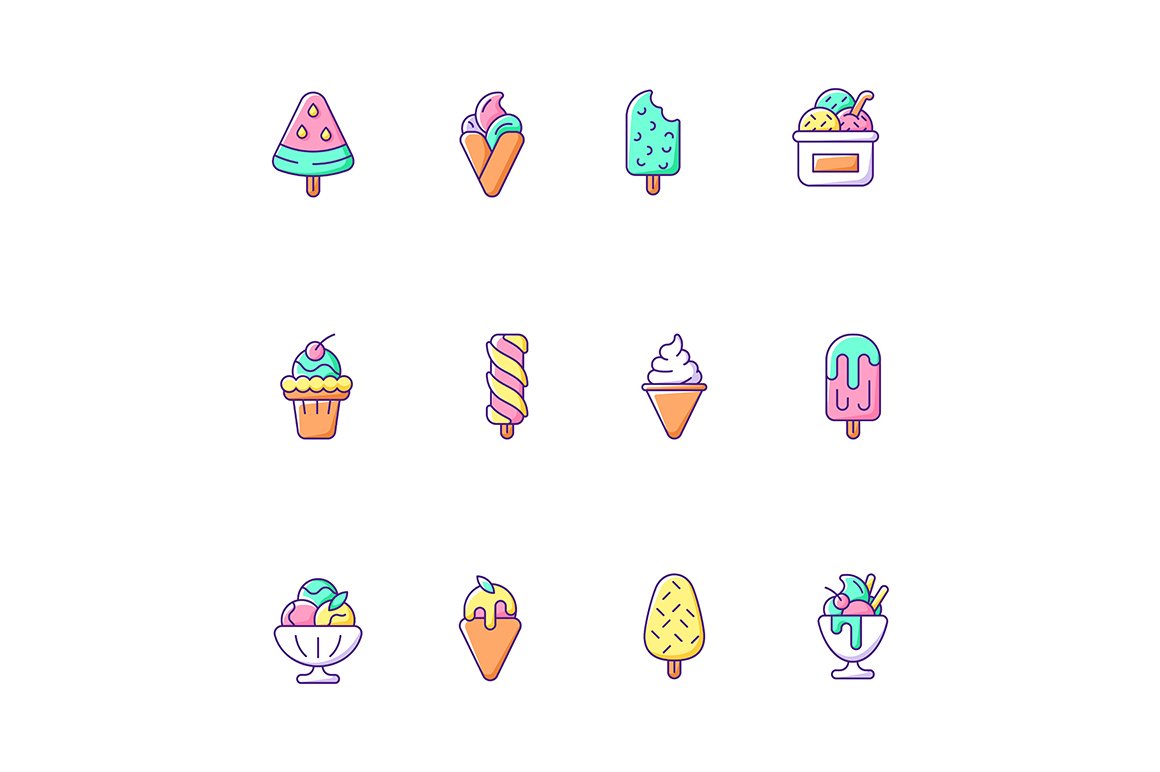 Ice cream varieties RGB color icons cover image.