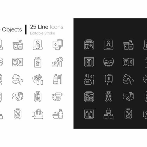 Travel size objects linear icons set cover image.