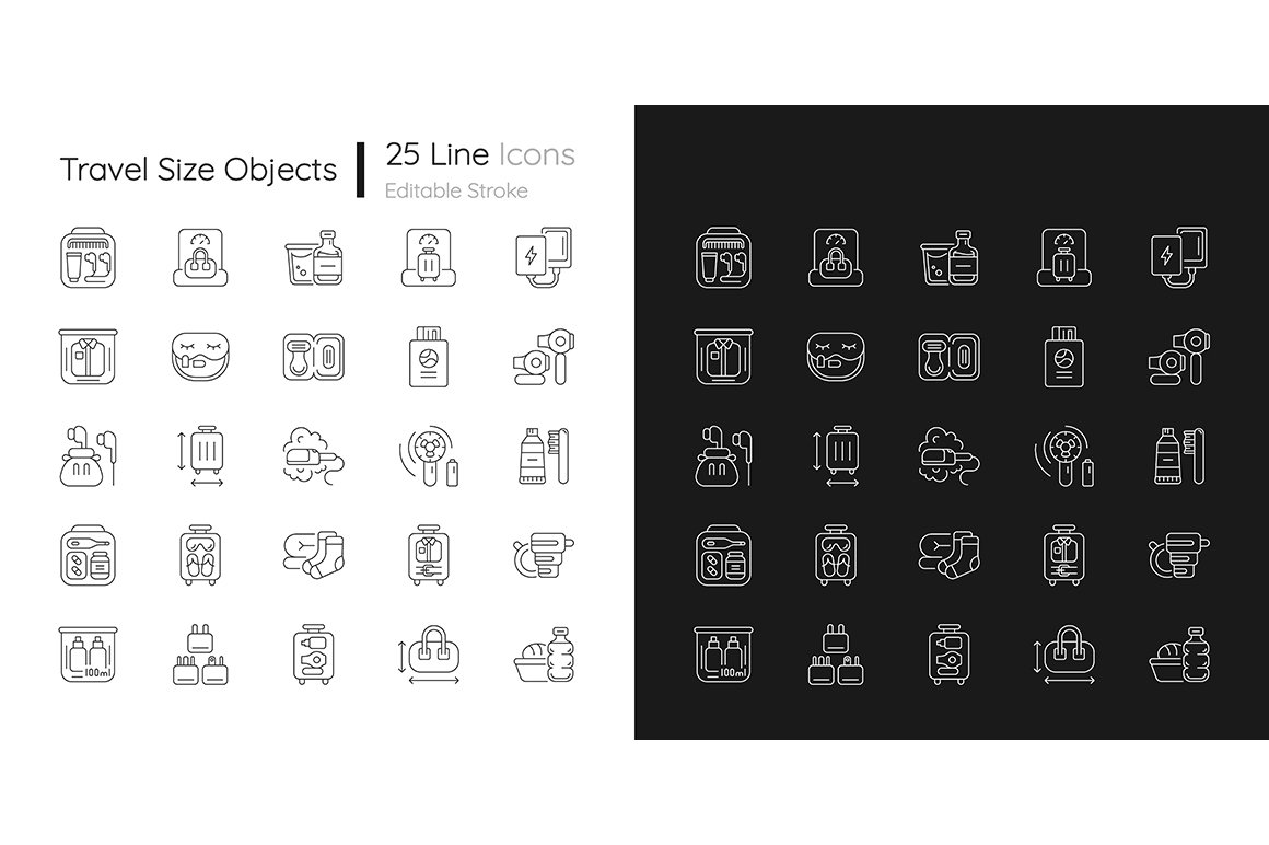 Travel size objects linear icons set cover image.