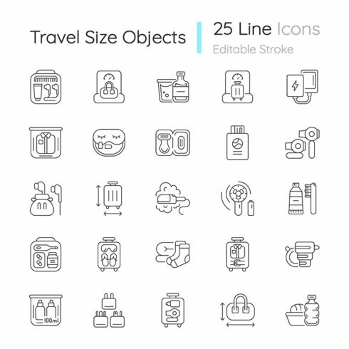 Travel size objects linear icons set cover image.