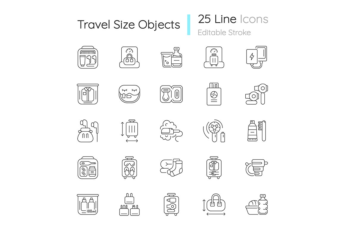 Travel size objects linear icons set cover image.