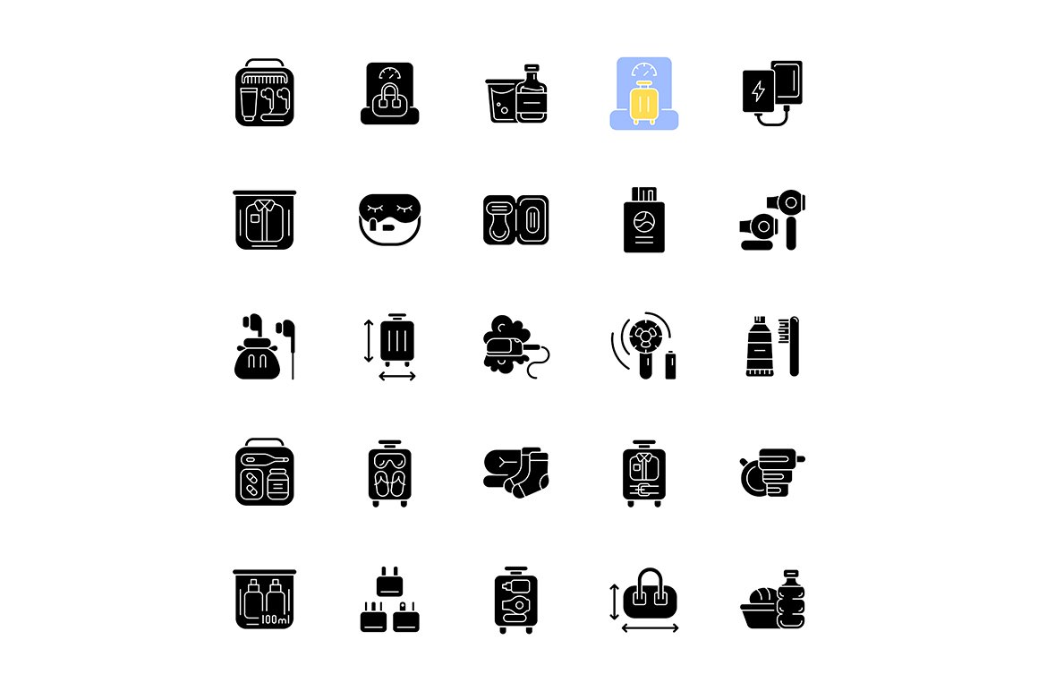 Travel size objects glyph icons set cover image.