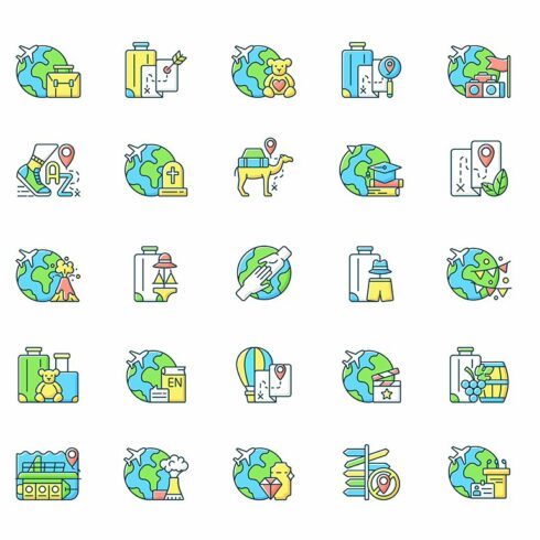 Types of travel RGB color icons set cover image.