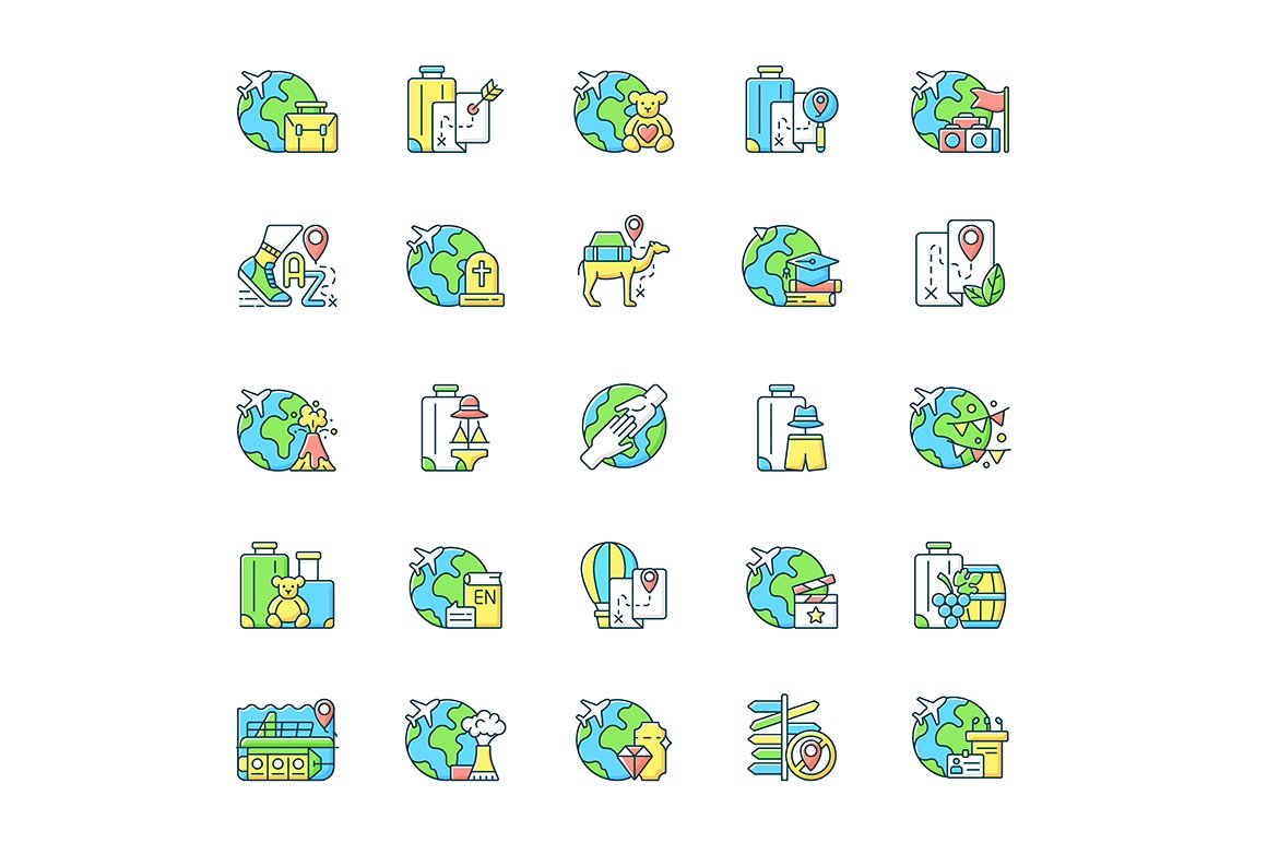 Types of travel RGB color icons set cover image.