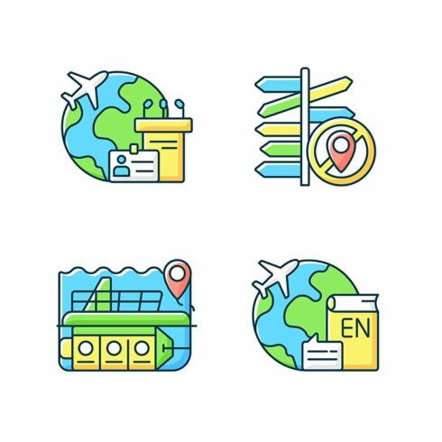 Categories of travel RGB color icons cover image.
