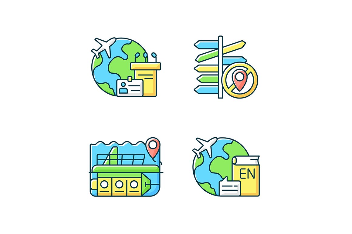 Categories of travel RGB color icons cover image.