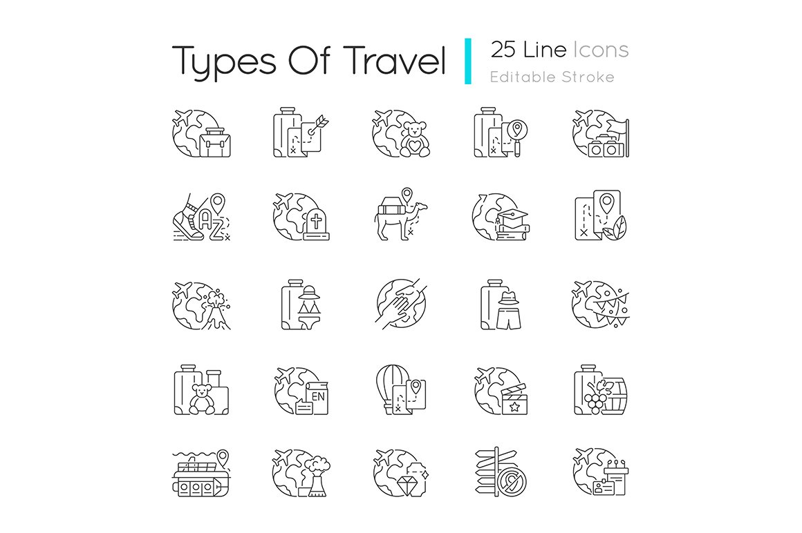 Types of travel linear icons set cover image.