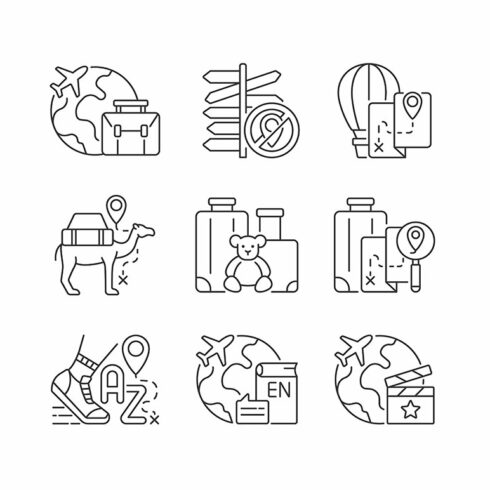 Travel type linear icons set cover image.
