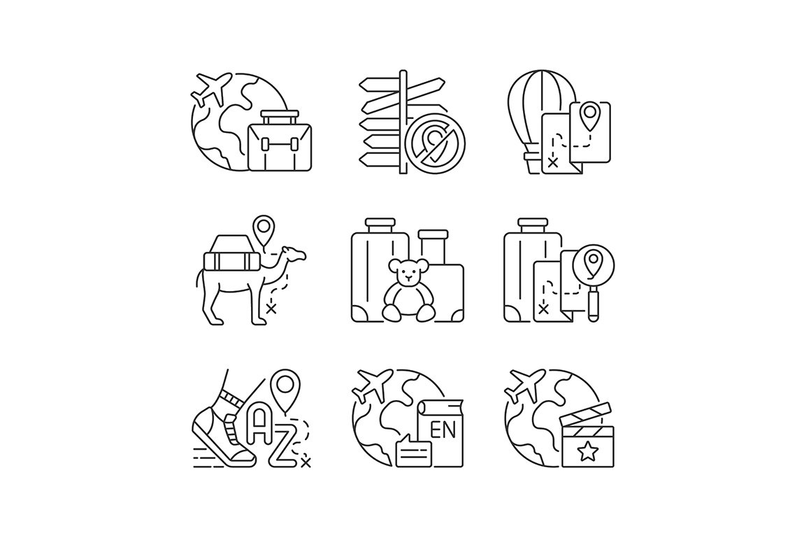 Travel type linear icons set cover image.