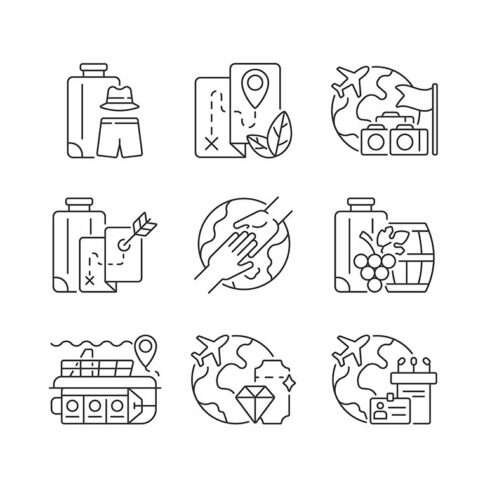 Types of tourism linear icons set cover image.